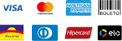 Bandeiras: Visa, Mastercard, American Express, Boleto, Aura, Hipercard e Elo
